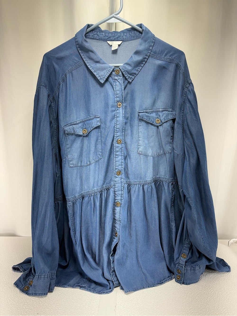 Cato Medium Blue Denim Button-Front Peplum Blouse 4585